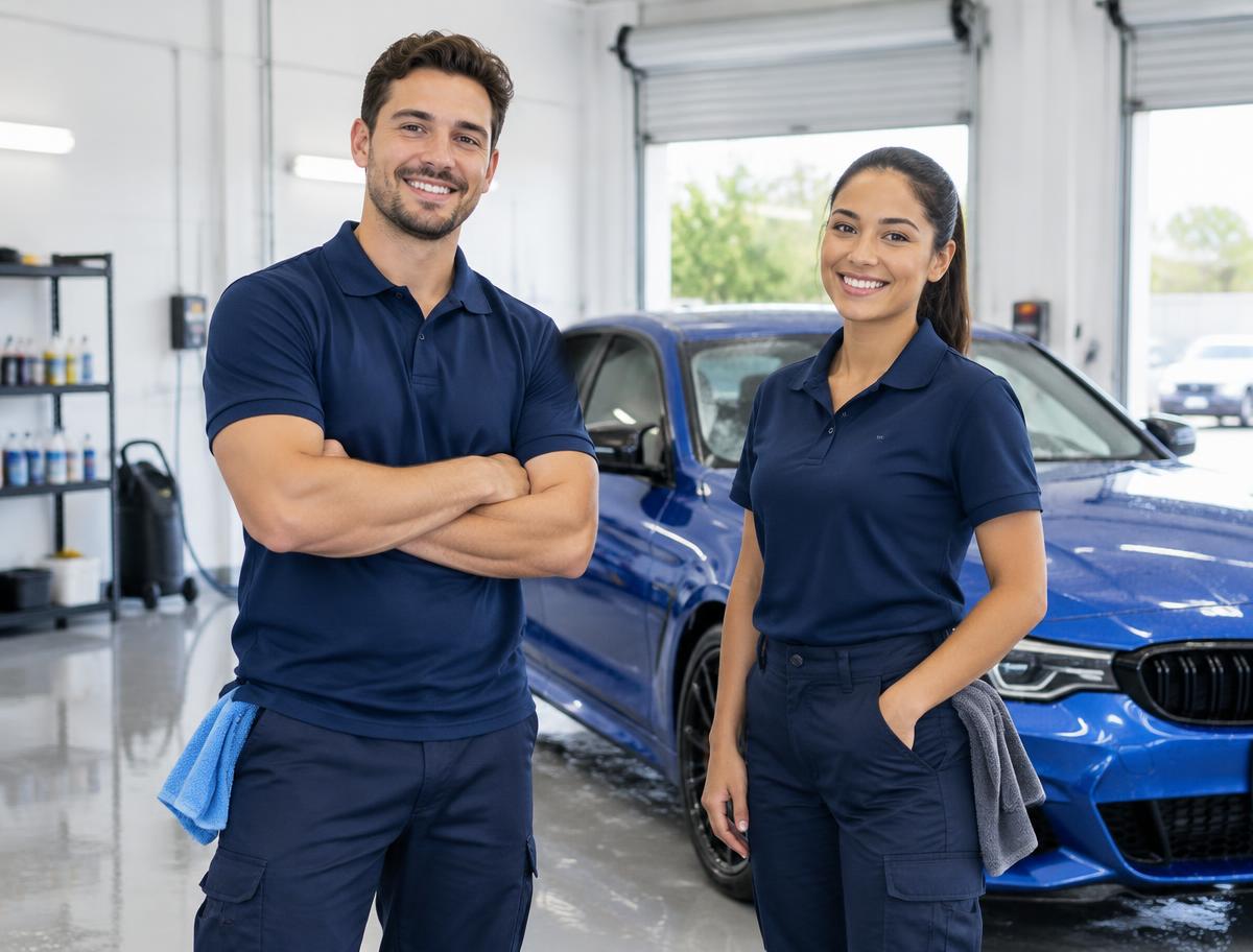 Two Auto Clean detailers in navy uniforms standing in the studio beside a freshly washed blue car