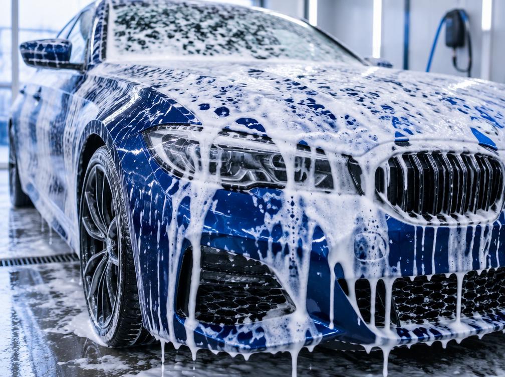 Snow foam soak — Express Wash & Dry — a deep foam dwell before the contact wash.
