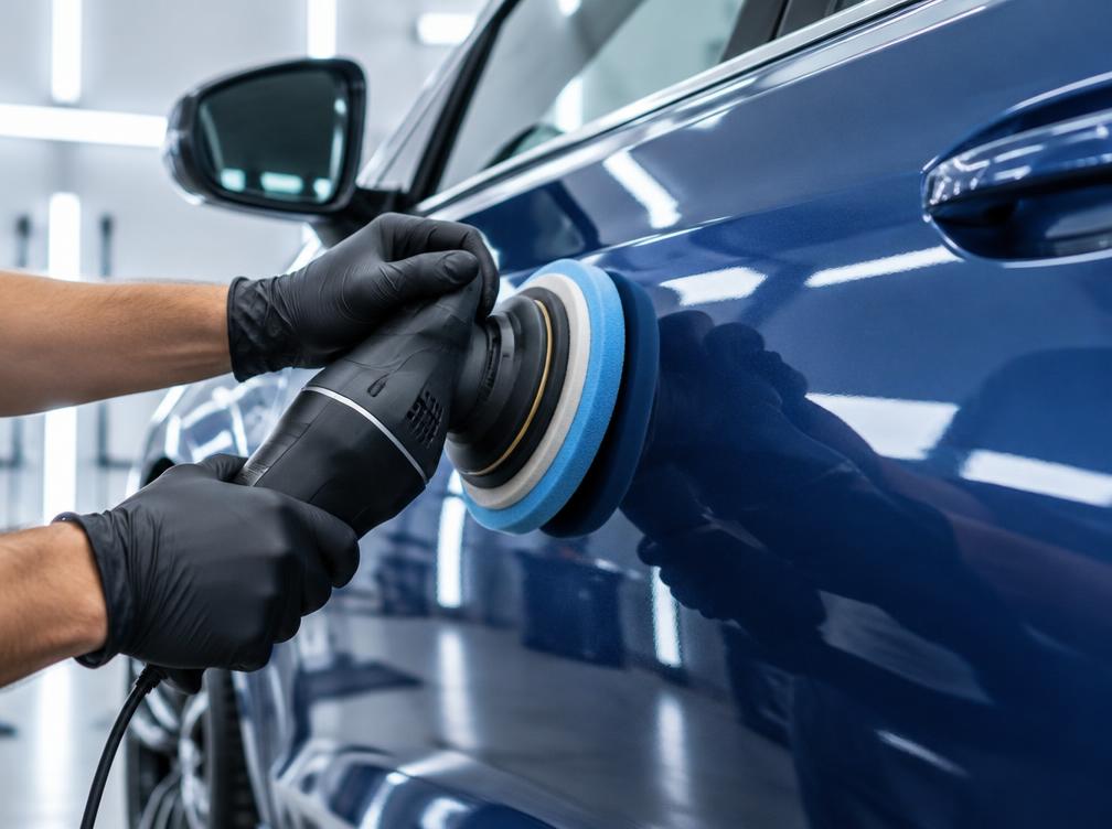 Gloss restoration — Machine Polish & Gloss Restore — light swirls lifted off this blue hatch.